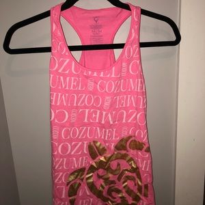 Pink Cozumel, Mexico tank with golden turtle